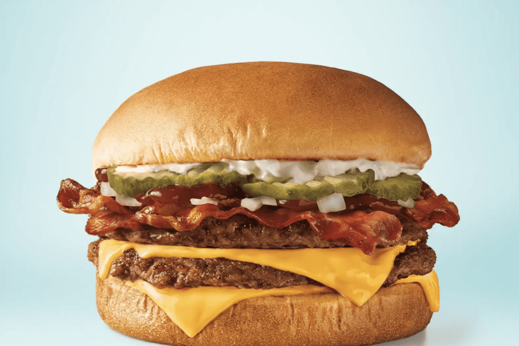 Sonic Bacon Double Cheeseburger on light blue background